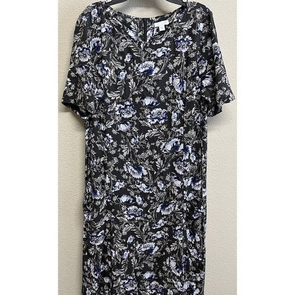 J.Jill Floral Print Short Sleeve Midi Dress Size 12 Patch Pockets Green Olive - Picture 10 of 10